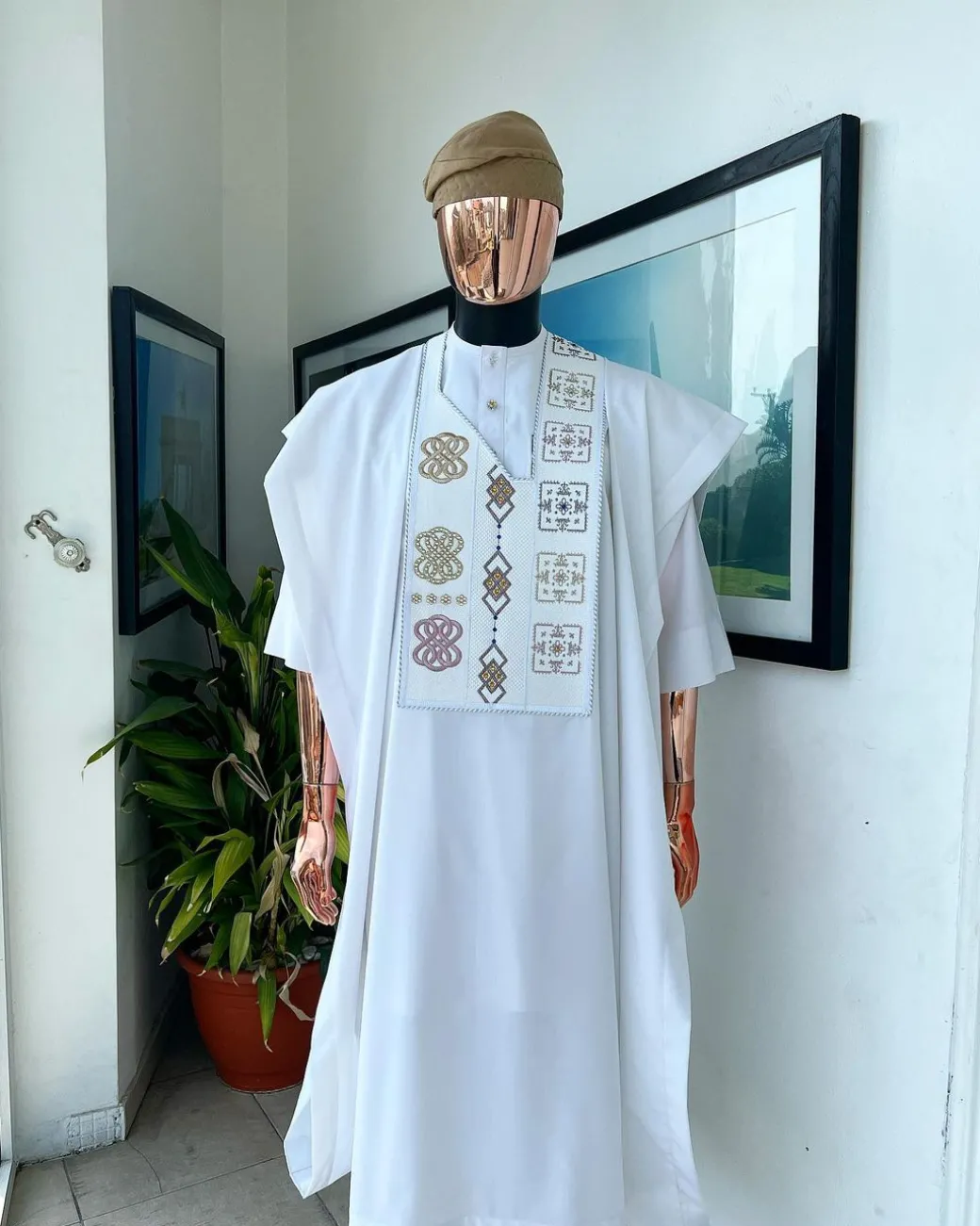 A White, connected square & renaissance maze embroidery details agbada