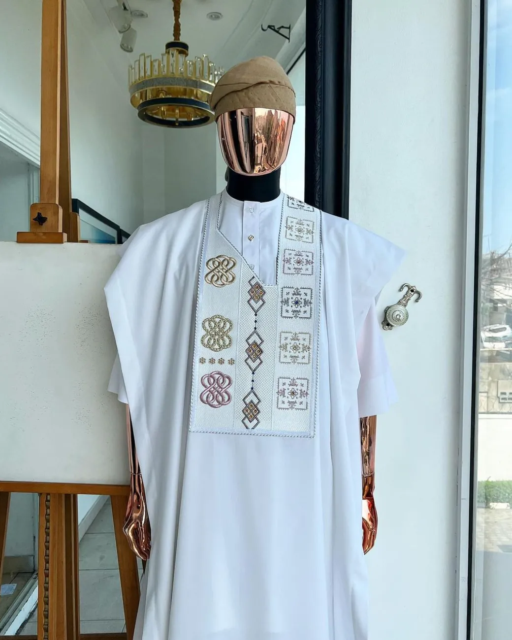 A White, connected square & renaissance maze embroidery details agbada