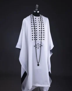 A White, Connected Square Embroidery Design With Matching Black And Silver Swarovski Stone Details Agbada