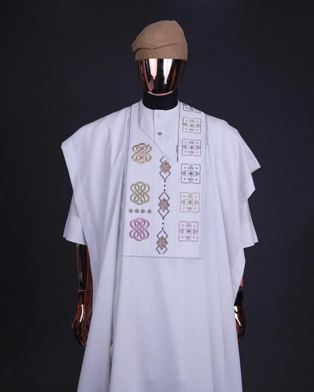 A White, connected square & renaissance maze embroidery details agbada