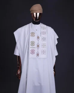 A White, connected square & renaissance maze embroidery details agbada
