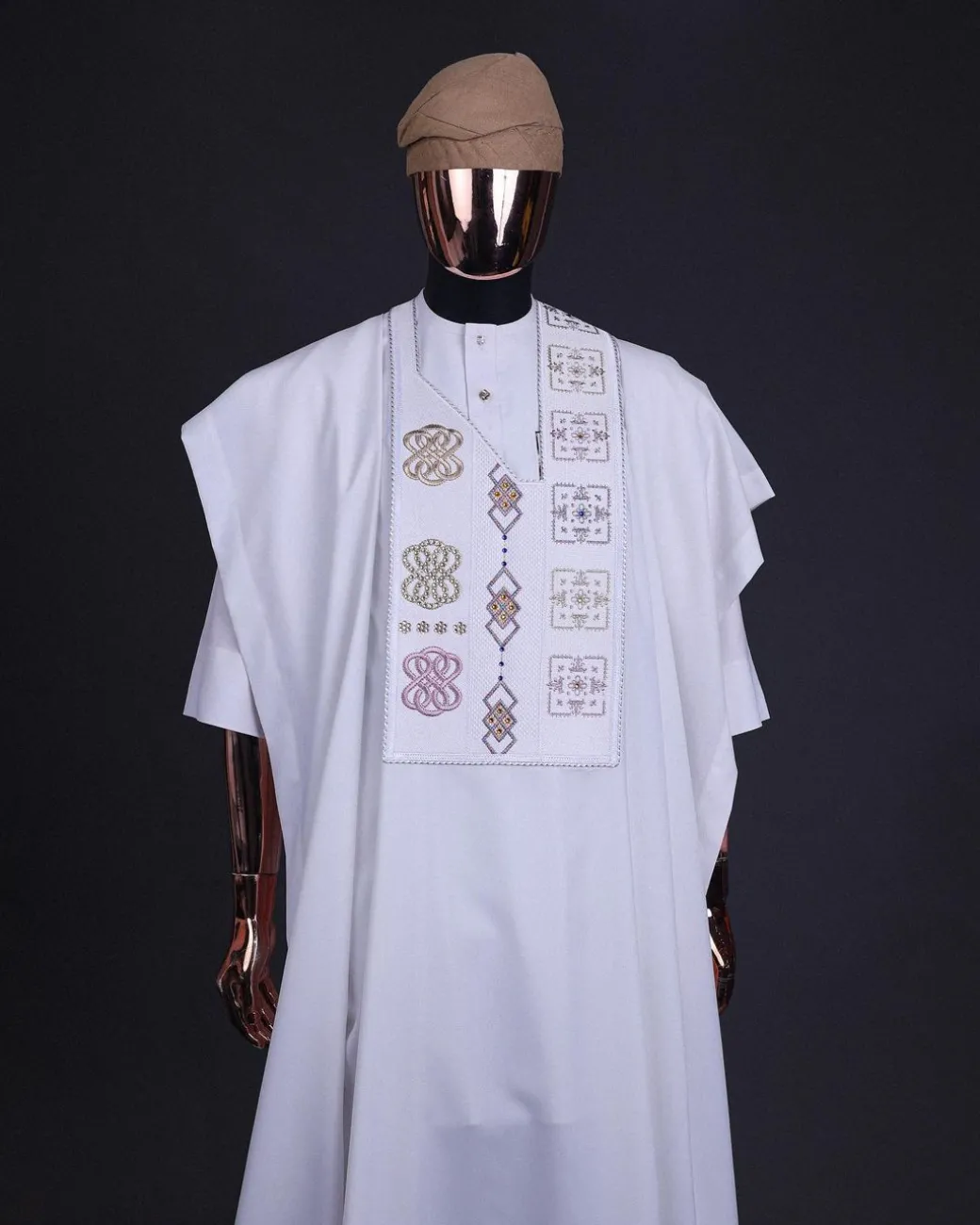 A White, connected square & renaissance maze embroidery details agbada