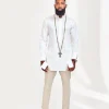 A white Cut Hand Linen Kaftan and Light Brown