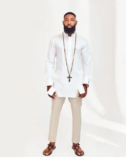 A white Cut Hand Linen Kaftan and Light Brown