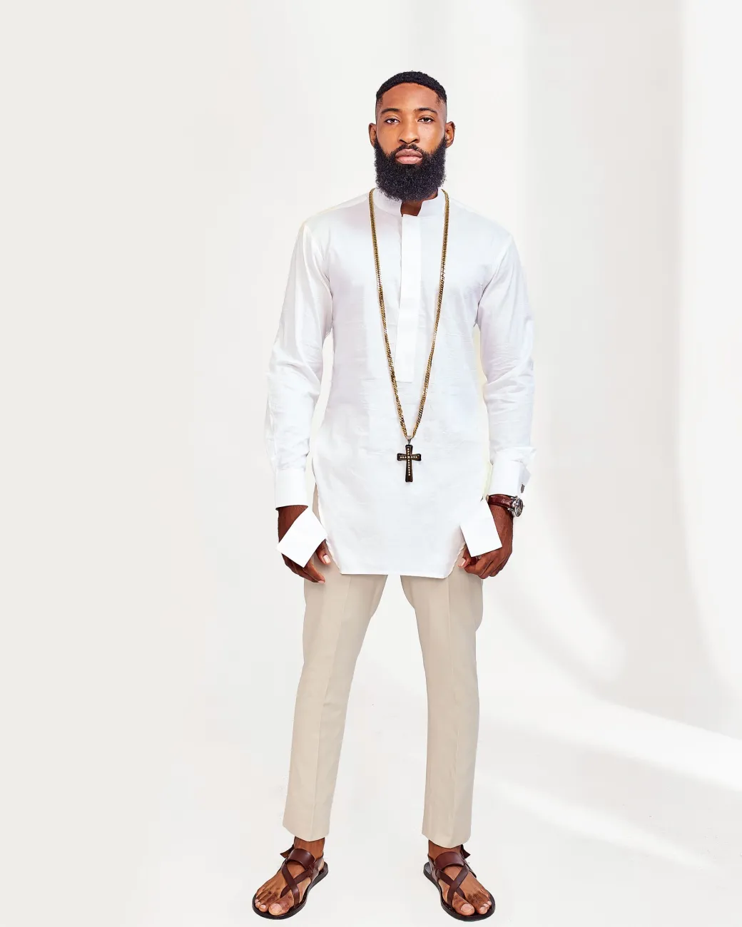 A white Cut Hand Linen Kaftan and Light Brown