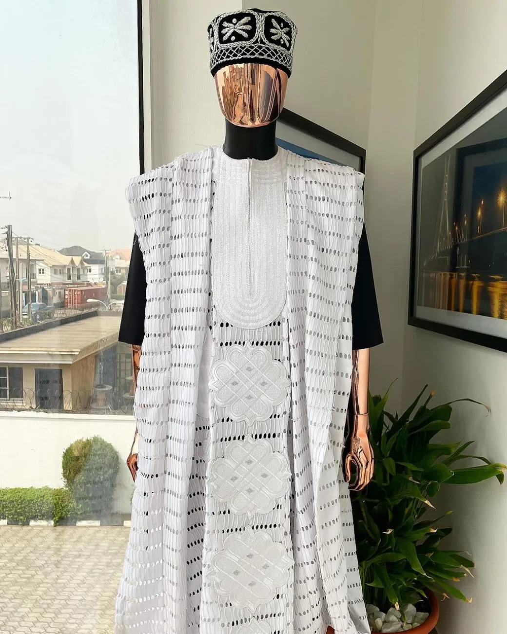 A White Dropping Line Weaving Design Embroidery Agbada