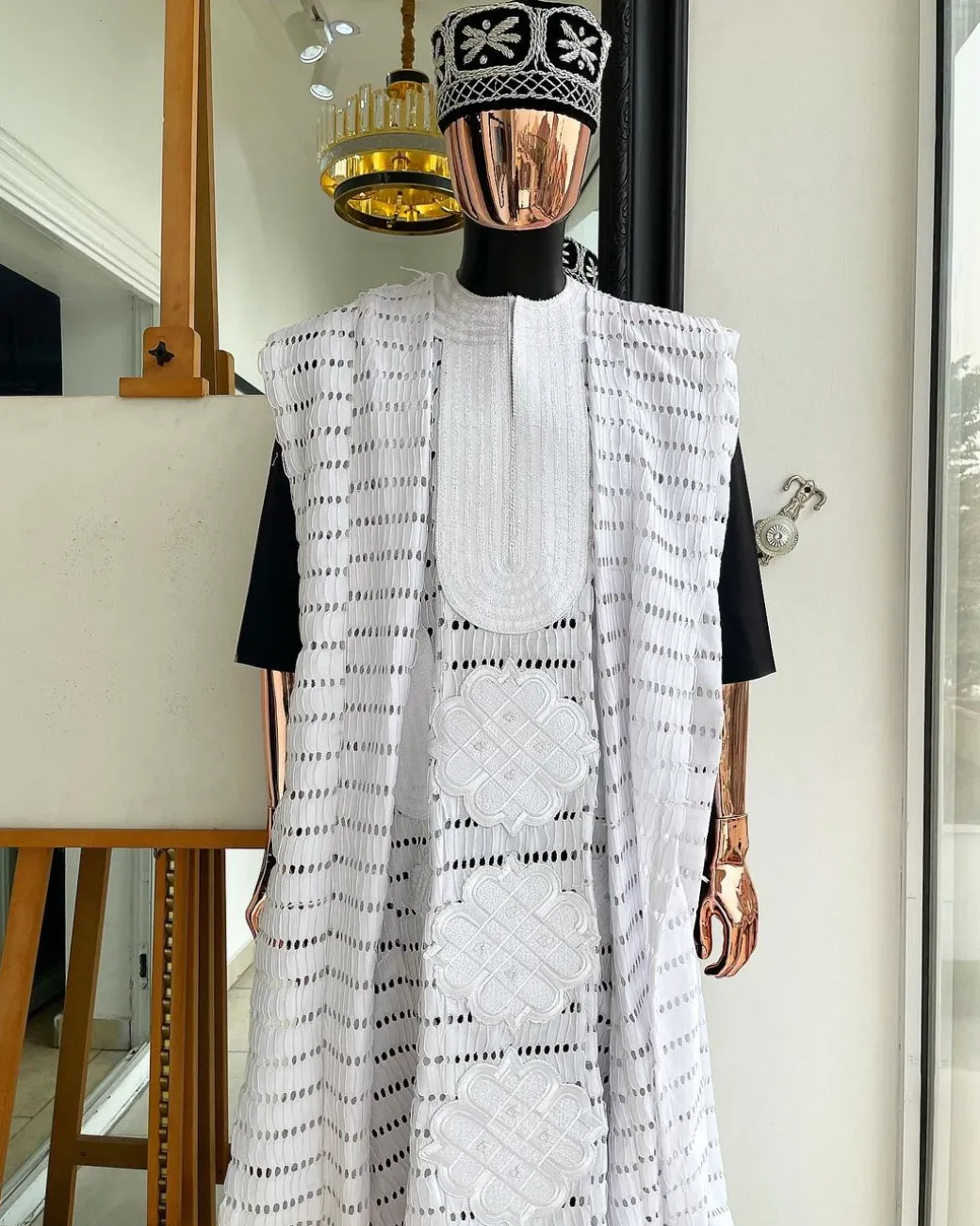 A White Dropping Line Weaving Design Embroidery Agbada