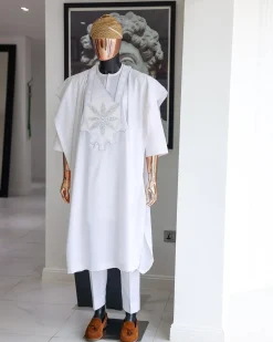 A White, Flapper Embroidery With Silver Mix Jacquard Details Agbada