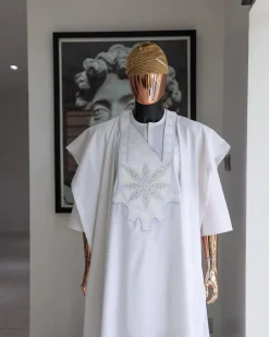 A White, Flapper Embroidery With Silver Mix Jacquard Details Agbada