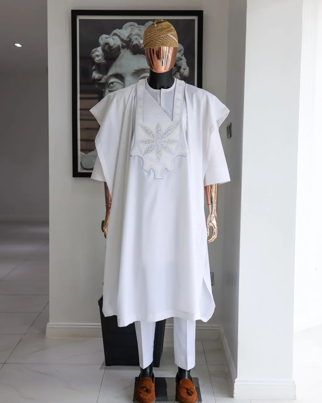A White, Flapper Embroidery With Silver Mix Jacquard Details Agbada