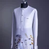A White, front flap, floral petals, blue Swarovski buttons, long sleeve embroidery detail African senator Kaftan