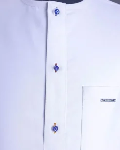 A White, front flap, floral petals, blue Swarovski buttons, long sleeve embroidery detail African senator Kaftan