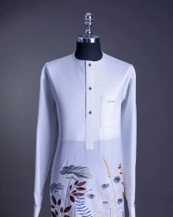 A White, front flap, floral petals, blue Swarovski buttons, long sleeve embroidery detail African senator Kaftan