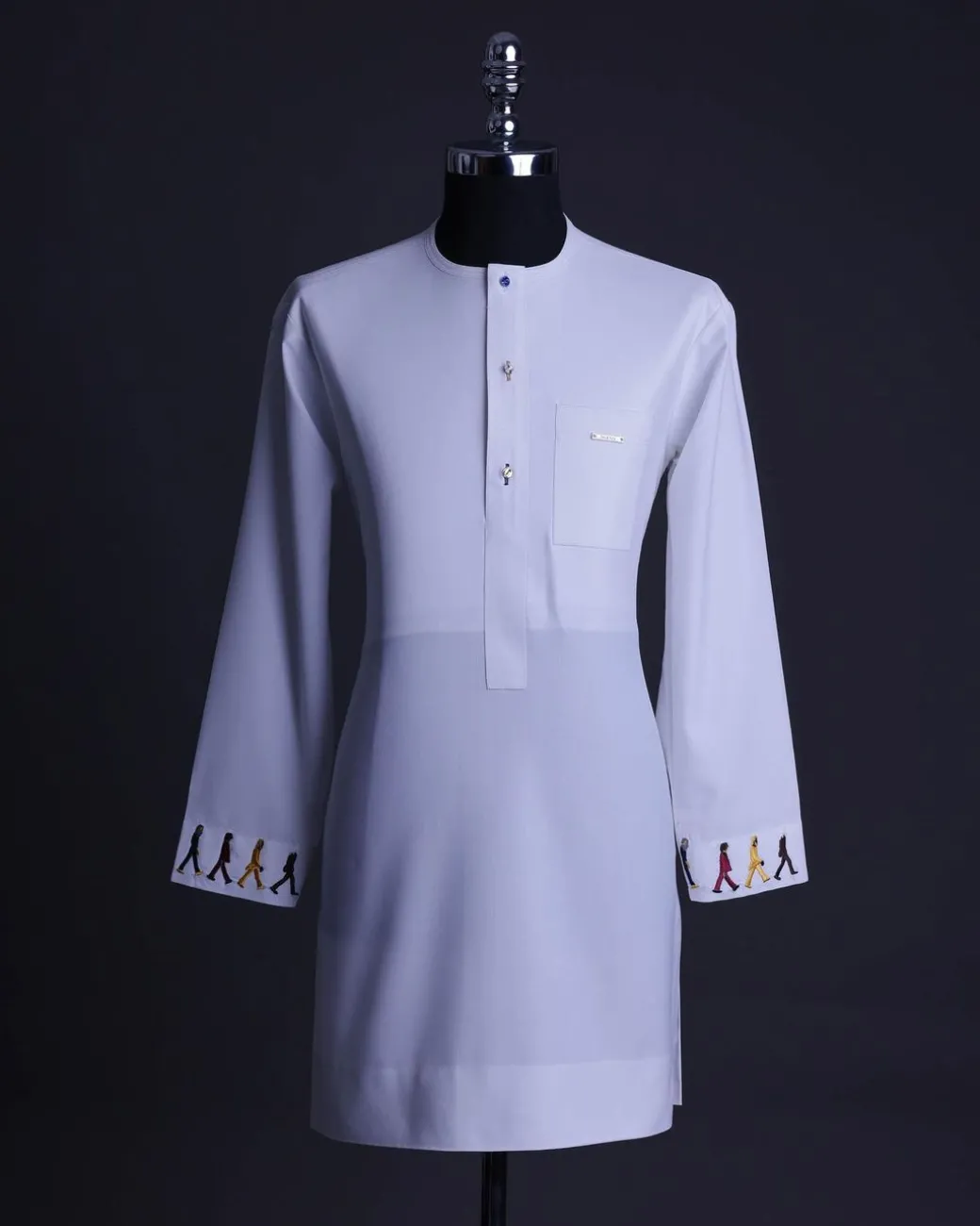 A White, front flap with mixed Swarovski buttons, patch pocket, free hand cuff with (keep walking) embroidery detailing African senator kaftan native.