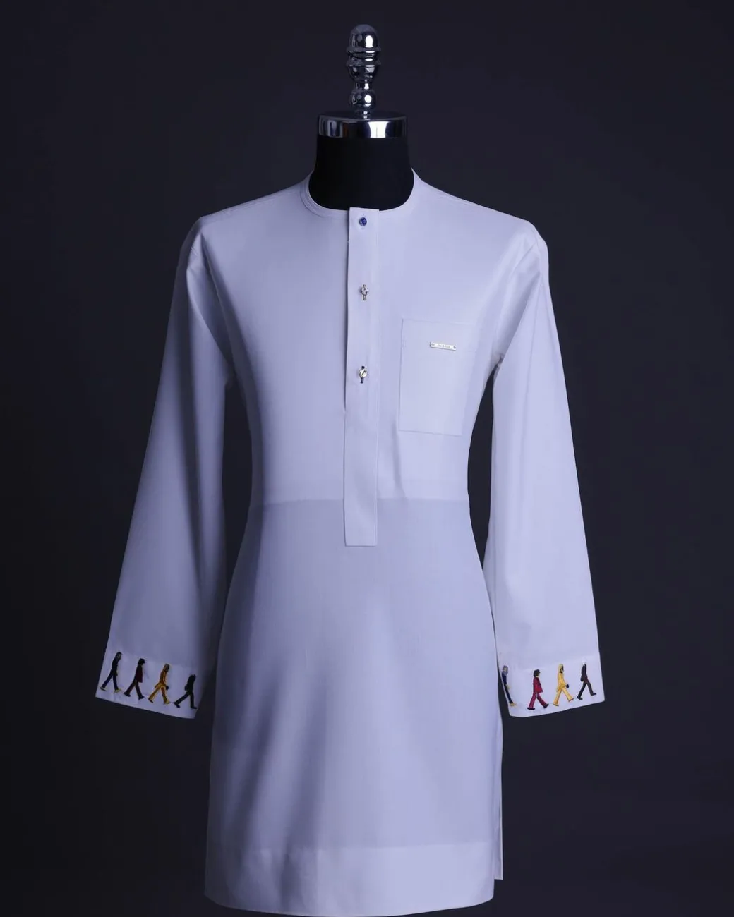 A White, front flap with mixed Swarovski buttons, patch pocket, free hand cuff with (keep walking) embroidery detailing African senator kaftan native.