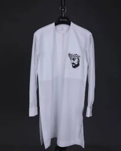 A white, front flap, Zip line with crown to Golgotha embrodery details African senator kaftan native.