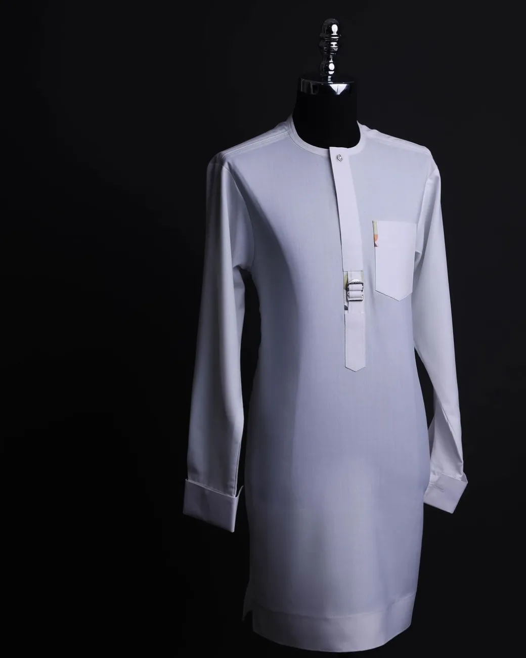 A White, front flap,interwoven buckle, Long sleeve African senator kaftan native.
