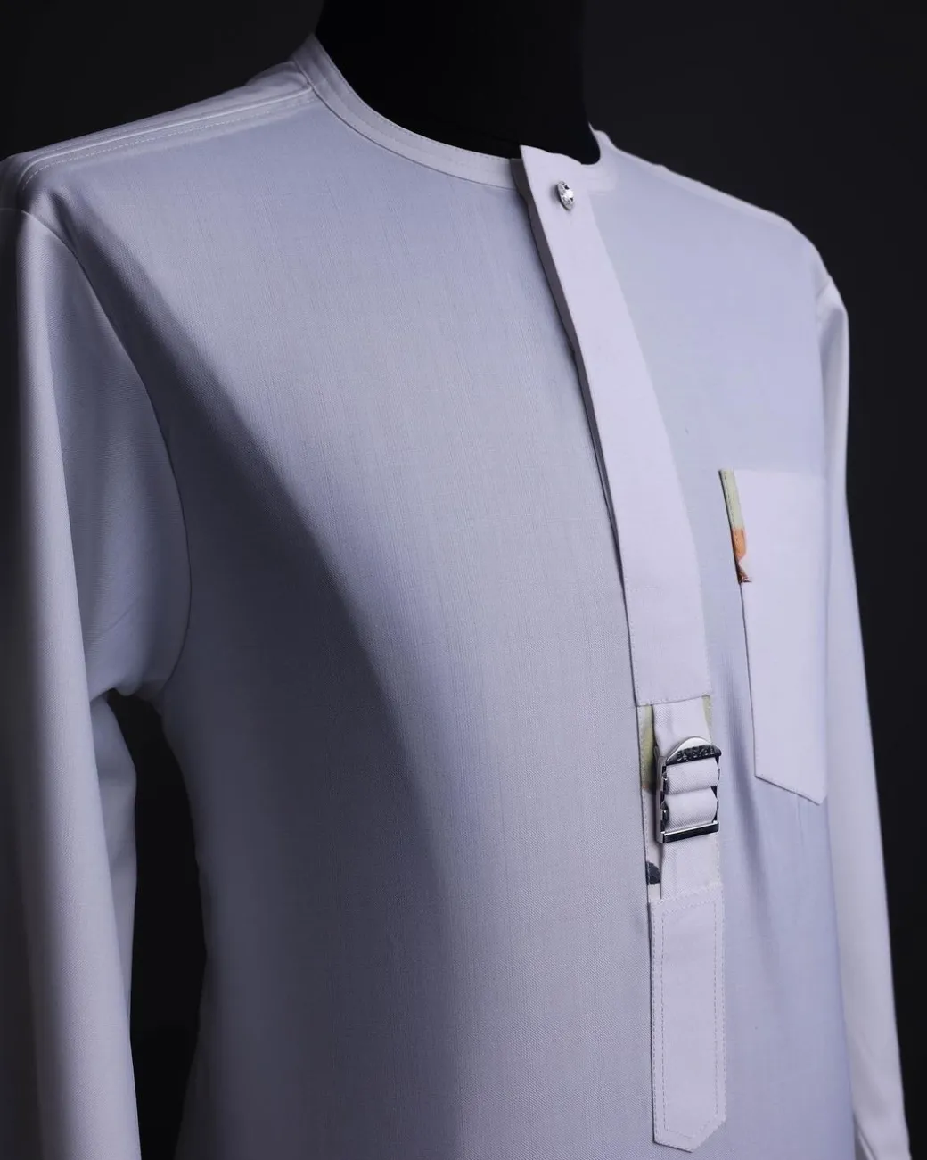 A White, front flap,interwoven buckle, Long sleeve African senator kaftan native.