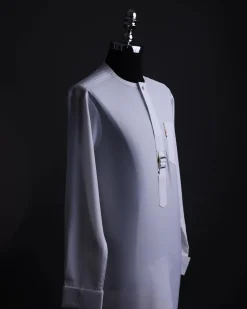 A White, front flap,interwoven buckle, Long sleeve African senator kaftan native.
