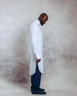 A White Hand Slide Extra Long Bishop Neck Shirt