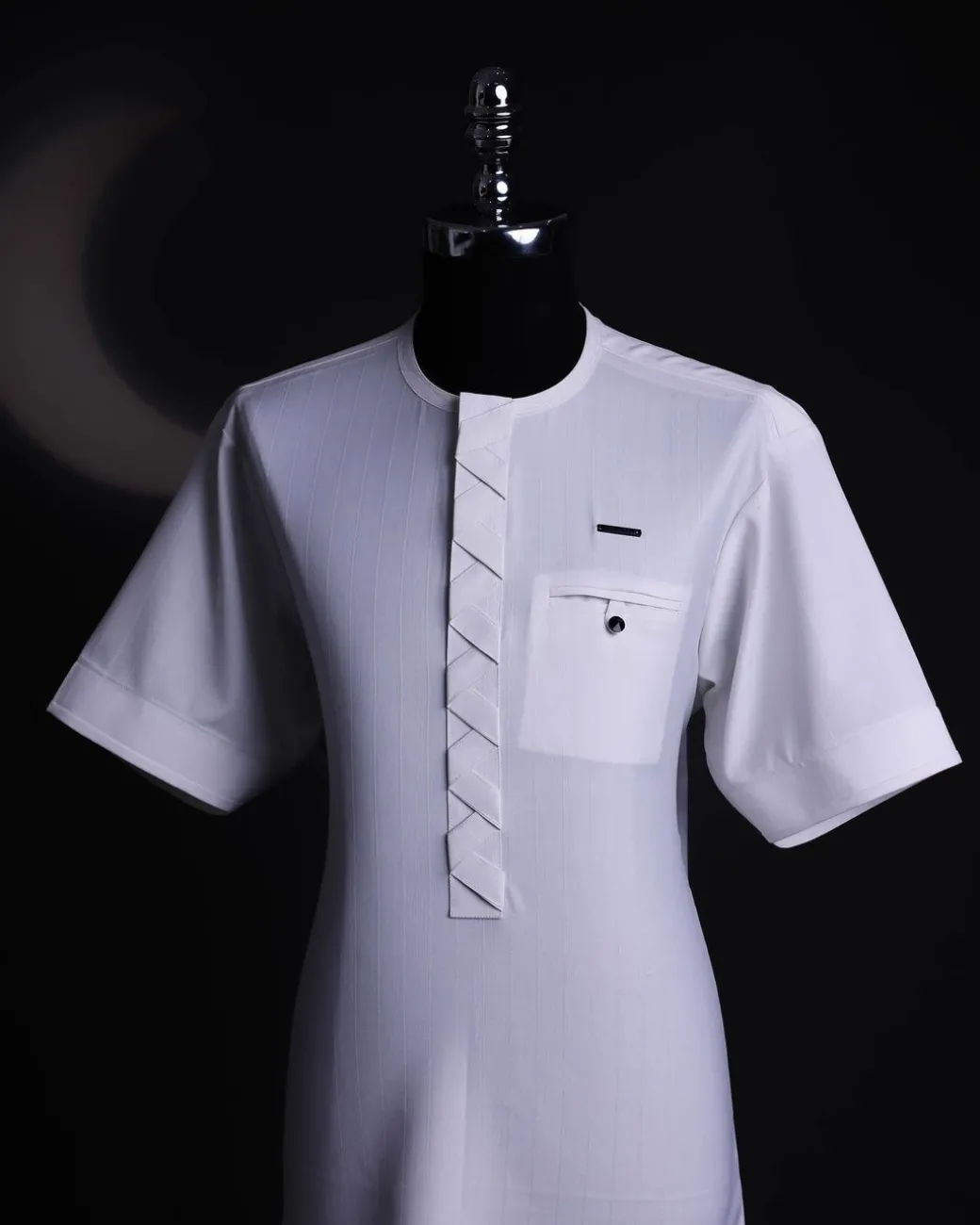 A White, Invisible stripe, front flap,interwoven flap, 3/4 sleeve African senator kaftan native.