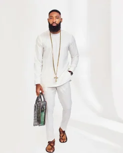 A White Kaftan, White Jacquard Jacket and Matching Hat