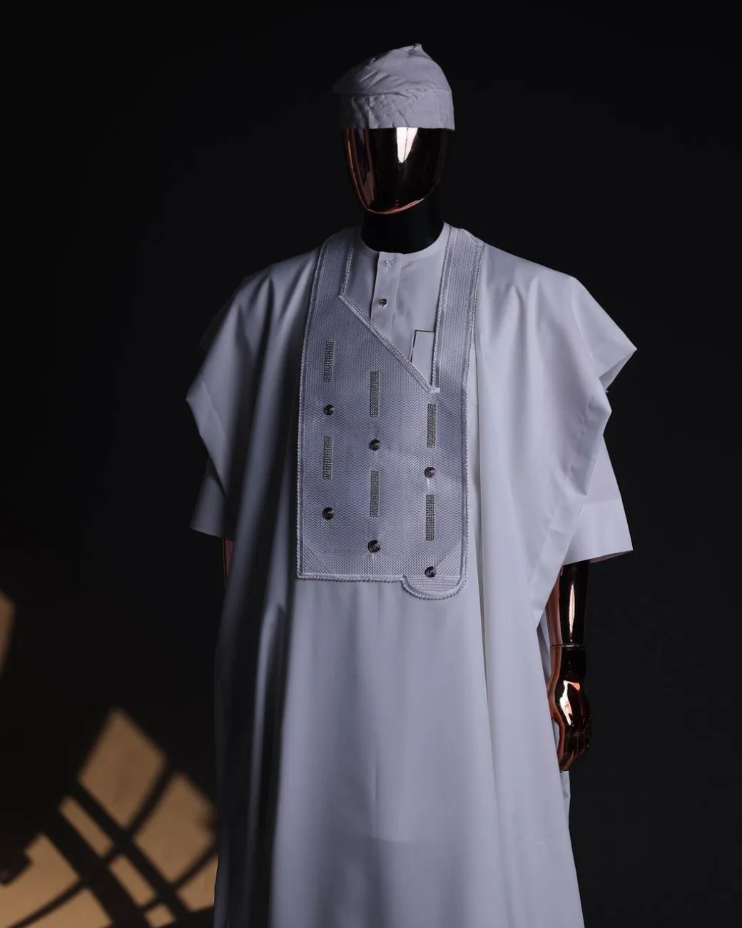 A White, Layered Dropping Swarovski Pleats, Dotted Metallic Wire Embroidery Details Agbada