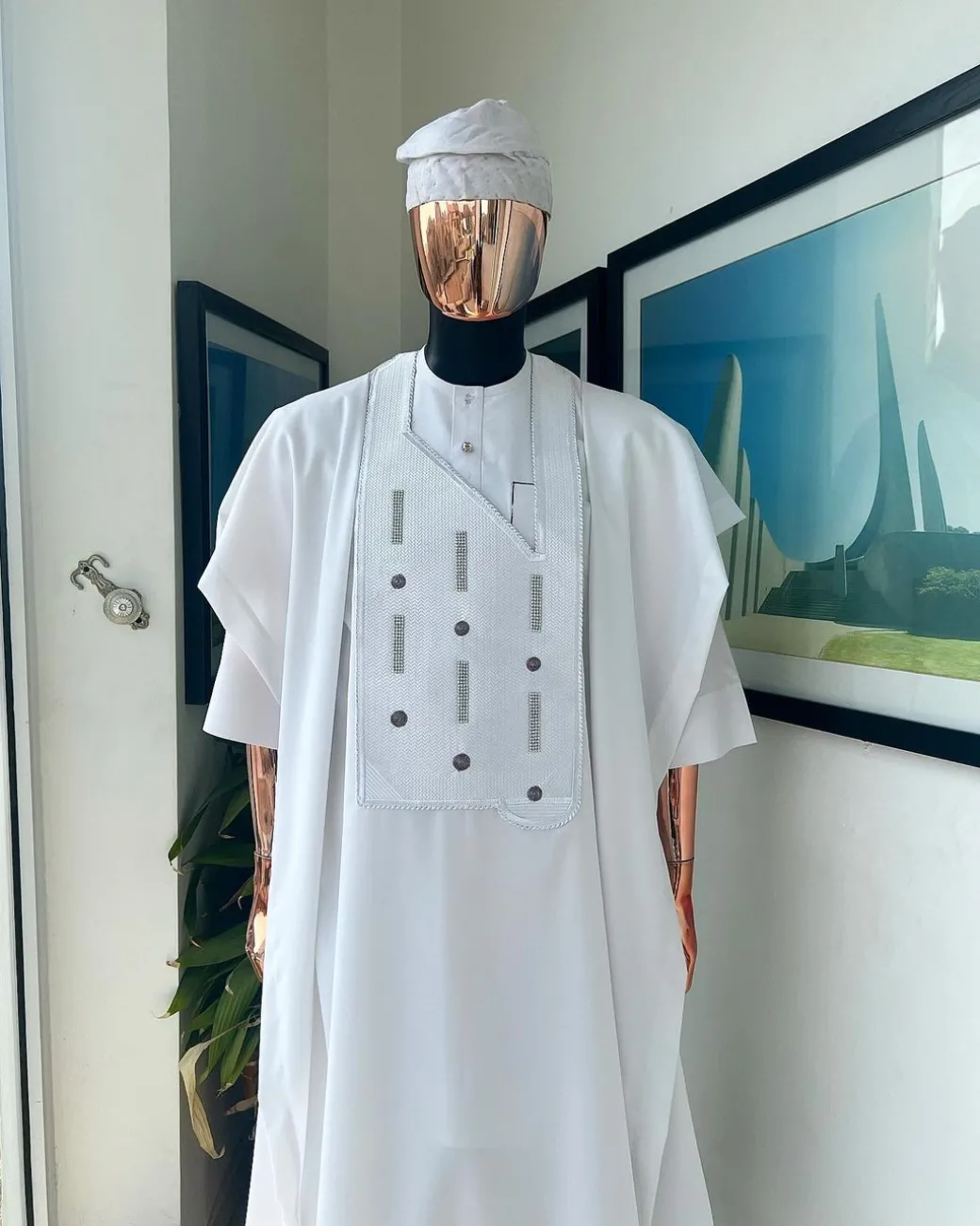A White, Layered Dropping Swarovski Pleats, Dotted Metallic Wire Embroidery Details Agbada