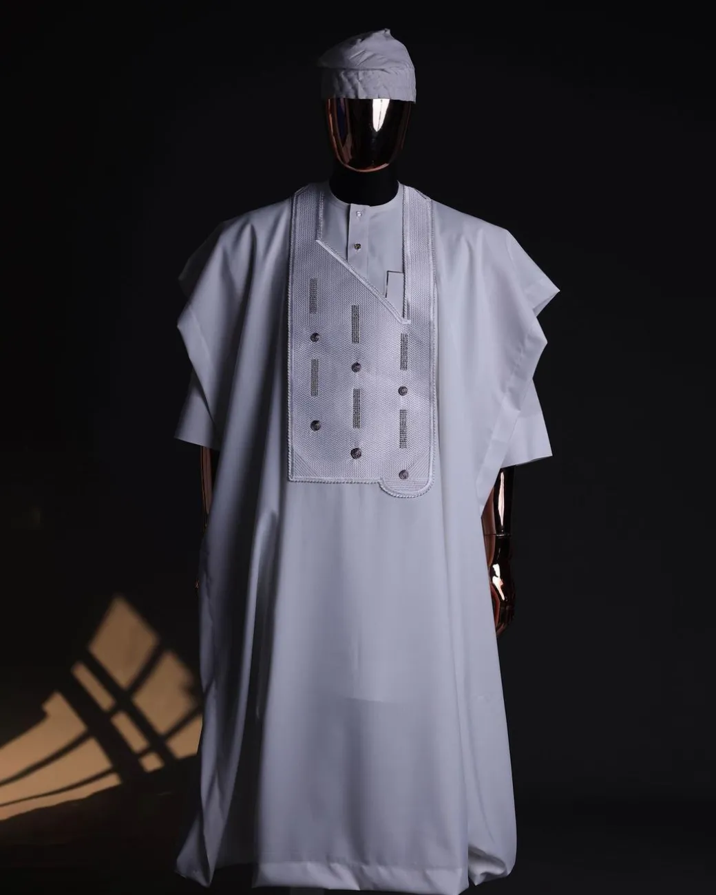 A White, Layered Dropping Swarovski Pleats, Dotted Metallic Wire Embroidery Details Agbada