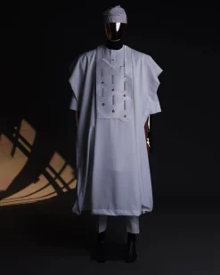 A White, Layered Dropping Swarovski Pleats, Dotted Metallic Wire Embroidery Details Agbada
