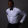 A White, Layered Stripe, Covered Buttons Tuxedo Shirt.