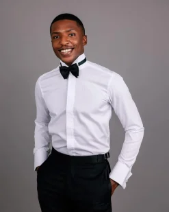 A White, Layered Stripe, Covered Buttons Tuxedo Shirt.