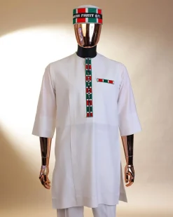 A white LP ( Labour Party ) pattern embroidery, 3/4 sleeve African senator kaftan native.