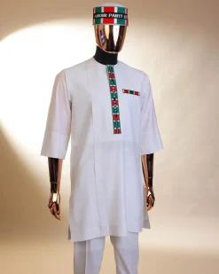 A white LP ( Labour Party ) pattern embroidery, 3/4 sleeve African senator kaftan native.