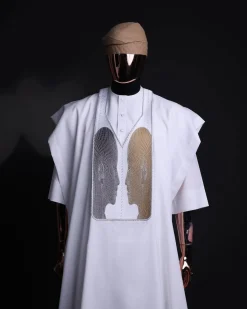 A White, Machine (Artificial Intelligence) vs Man embroidery details agbada