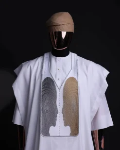 A White, Machine (Artificial Intelligence) vs Man embroidery details agbada