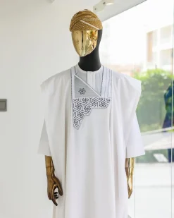 A White, Mazed Square, 1/4 size Embroidery Details Agbada