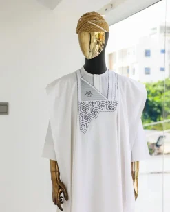 A White, Mazed Square, 1/4 size Embroidery Details Agbada