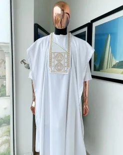 A White, Medusa Head Embroidery Detailing Agbada