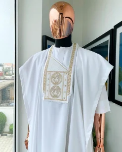 A White, Medusa Head Embroidery Detailing Agbada