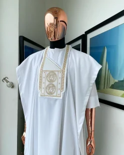 A White, Medusa Head Embroidery Detailing Agbada