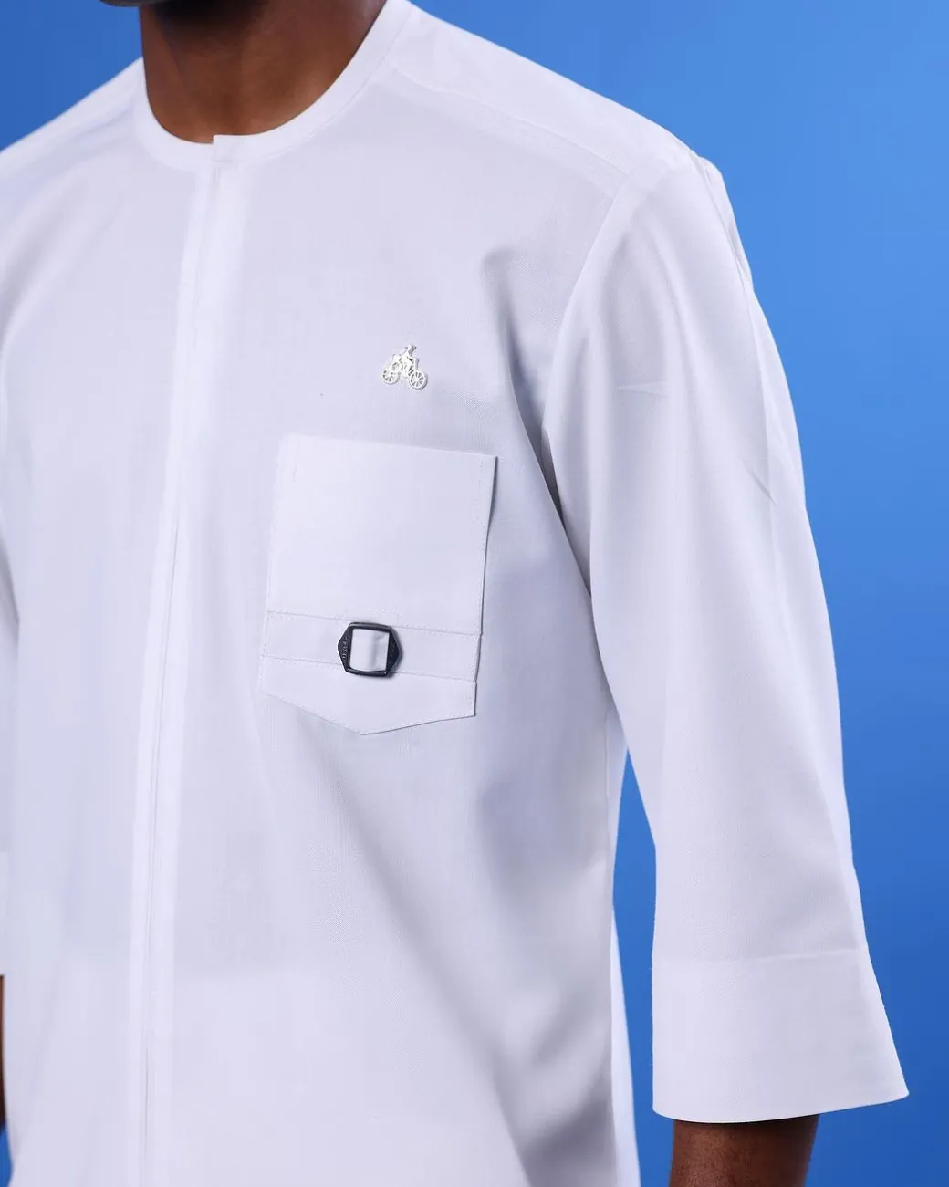 A White, Mid-Slit, Zip Line With Metal Buckle Details, 3/4 Sleeve African Senator Kaftan Native.