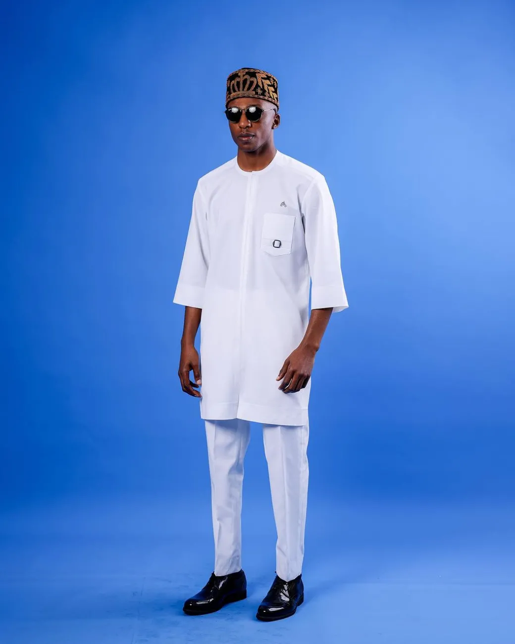 A White, Mid-Slit, Zip Line With Metal Buckle Details, 3/4 Sleeve African Senator Kaftan Native.