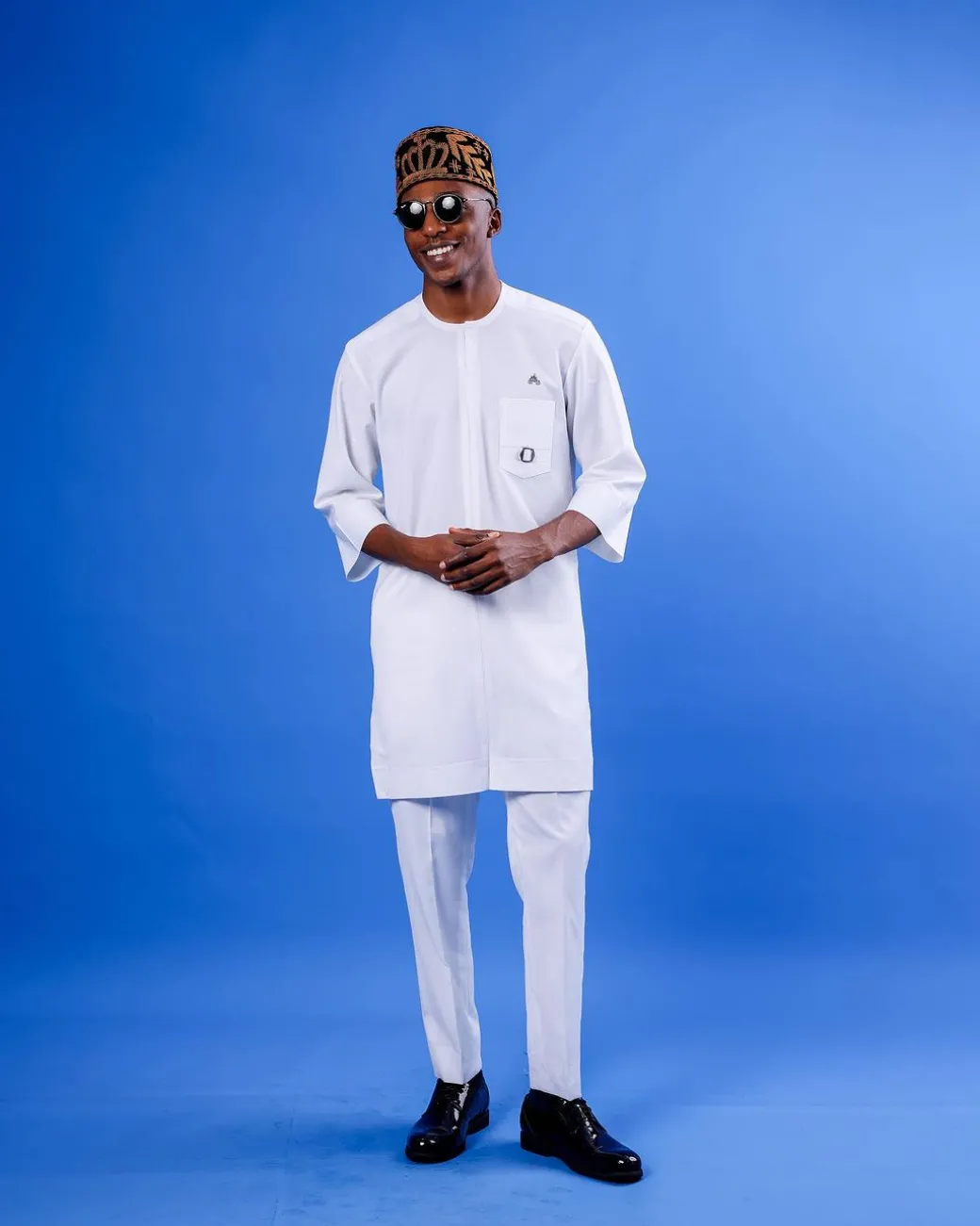 A White, Mid-Slit, Zip Line With Metal Buckle Details, 3/4 Sleeve African Senator Kaftan Native.
