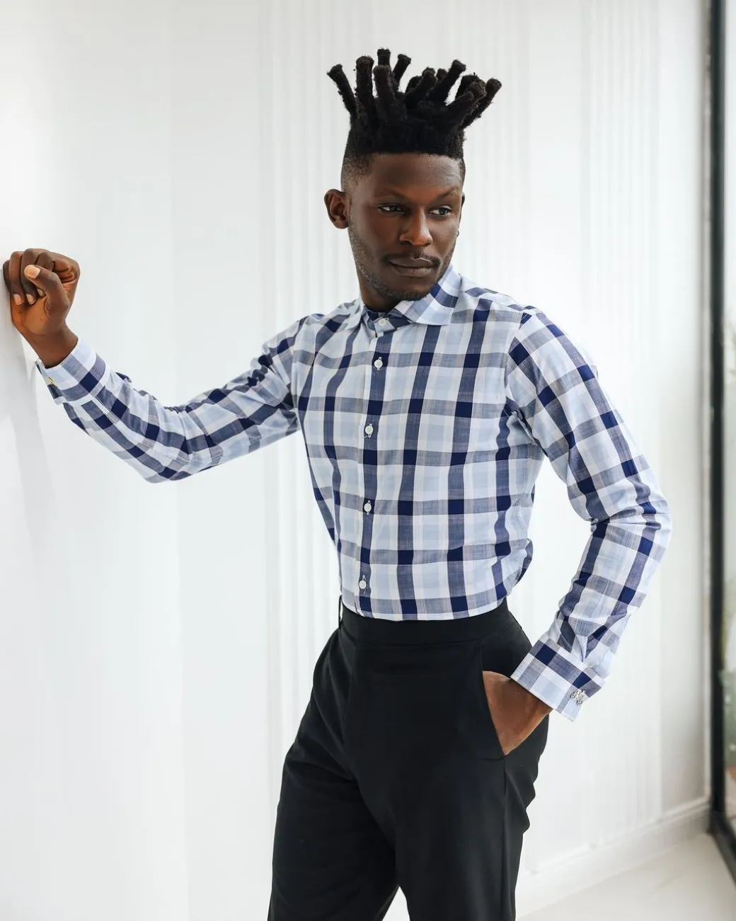 A White, navy & sky blue windowpane check English spread collar shirt.