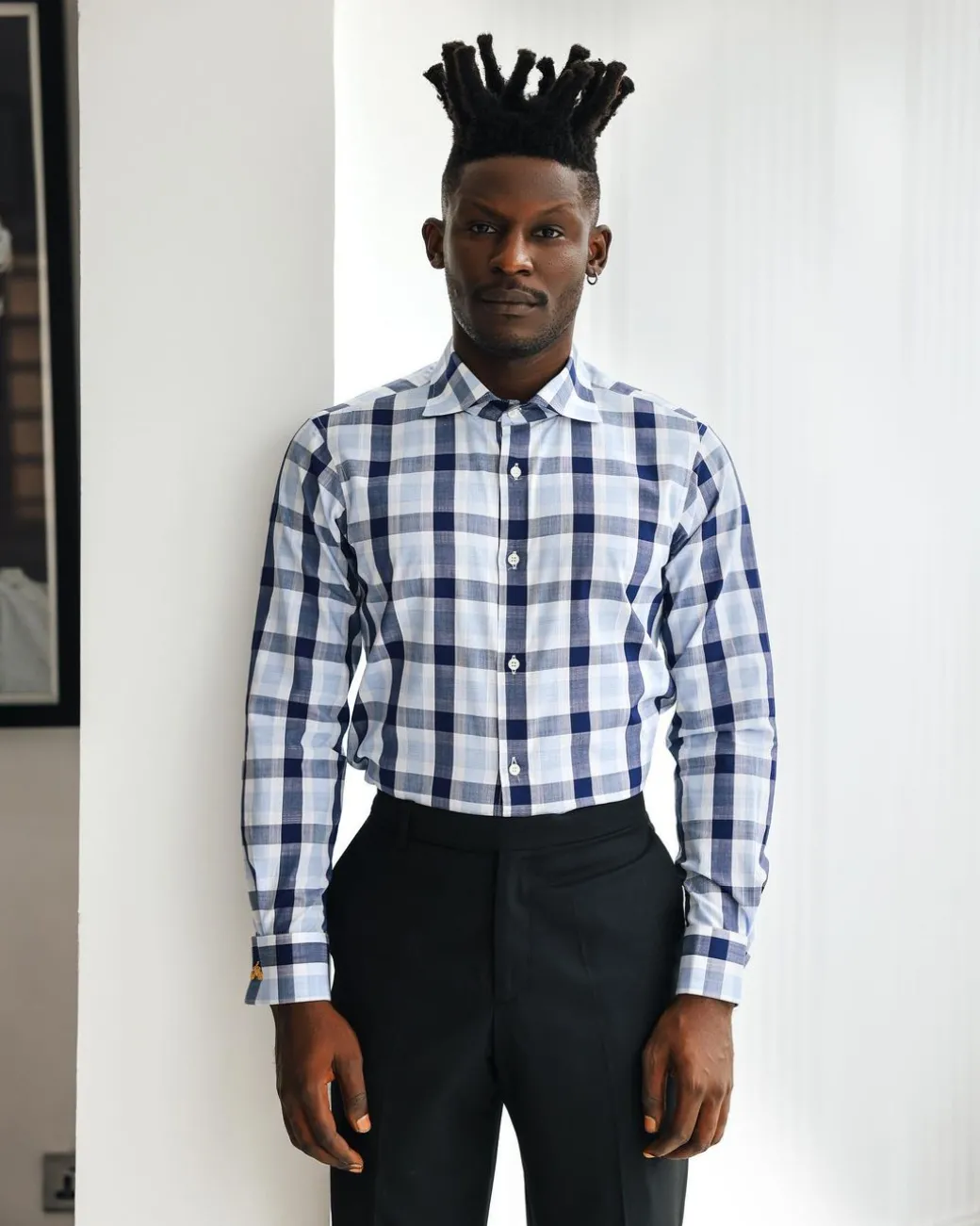 A White, navy & sky blue windowpane check English spread collar shirt.