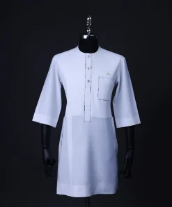 A White, paisley details, front flap with Swarovski buttons, patch pocket, 3/4 sleeve African senator kaftan native.