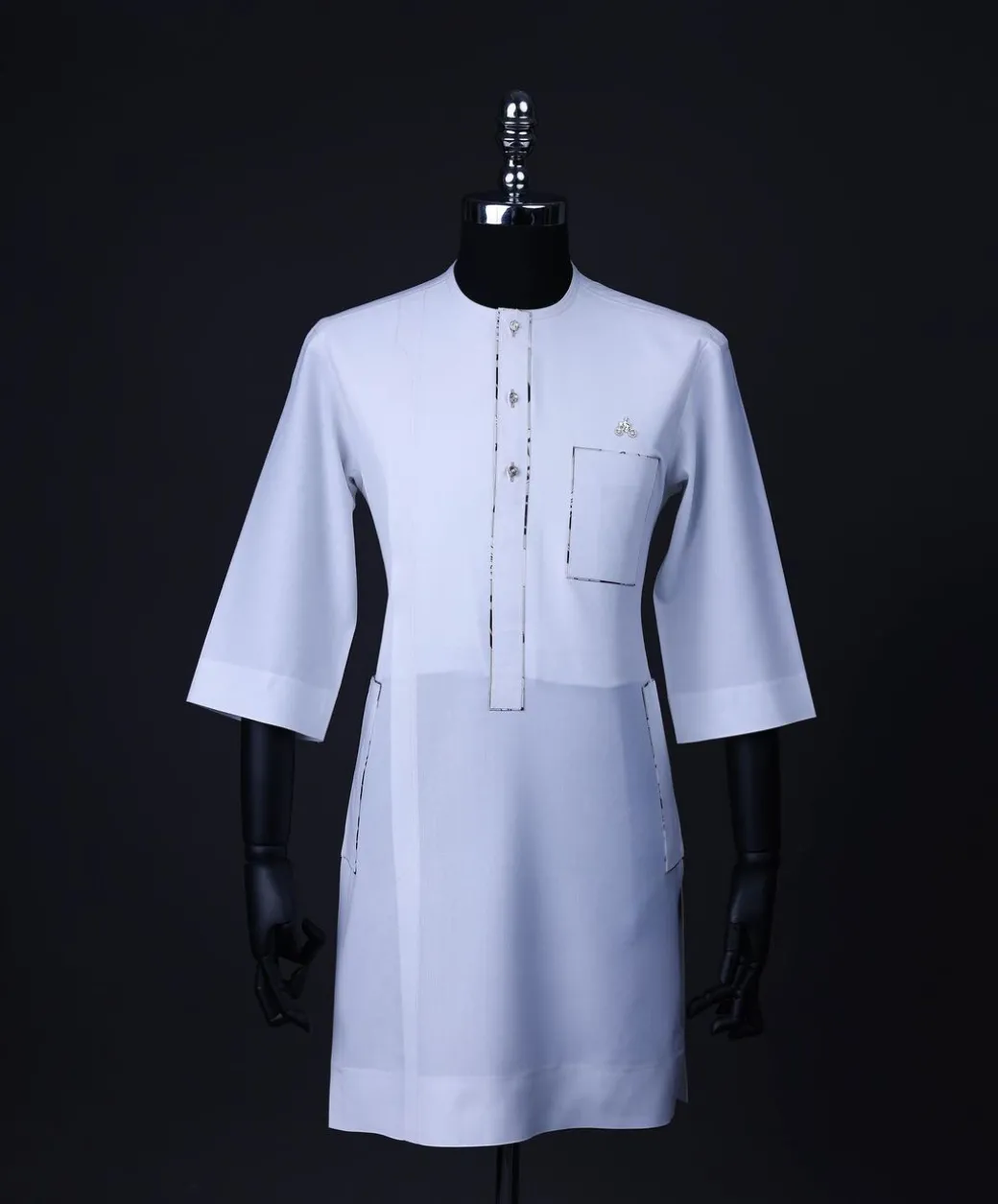 A White, paisley details, front flap with Swarovski buttons, patch pocket, 3/4 sleeve African senator kaftan native.