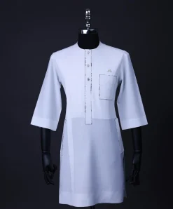 A White, paisley details, front flap with Swarovski buttons, patch pocket, 3/4 sleeve African senator kaftan native.