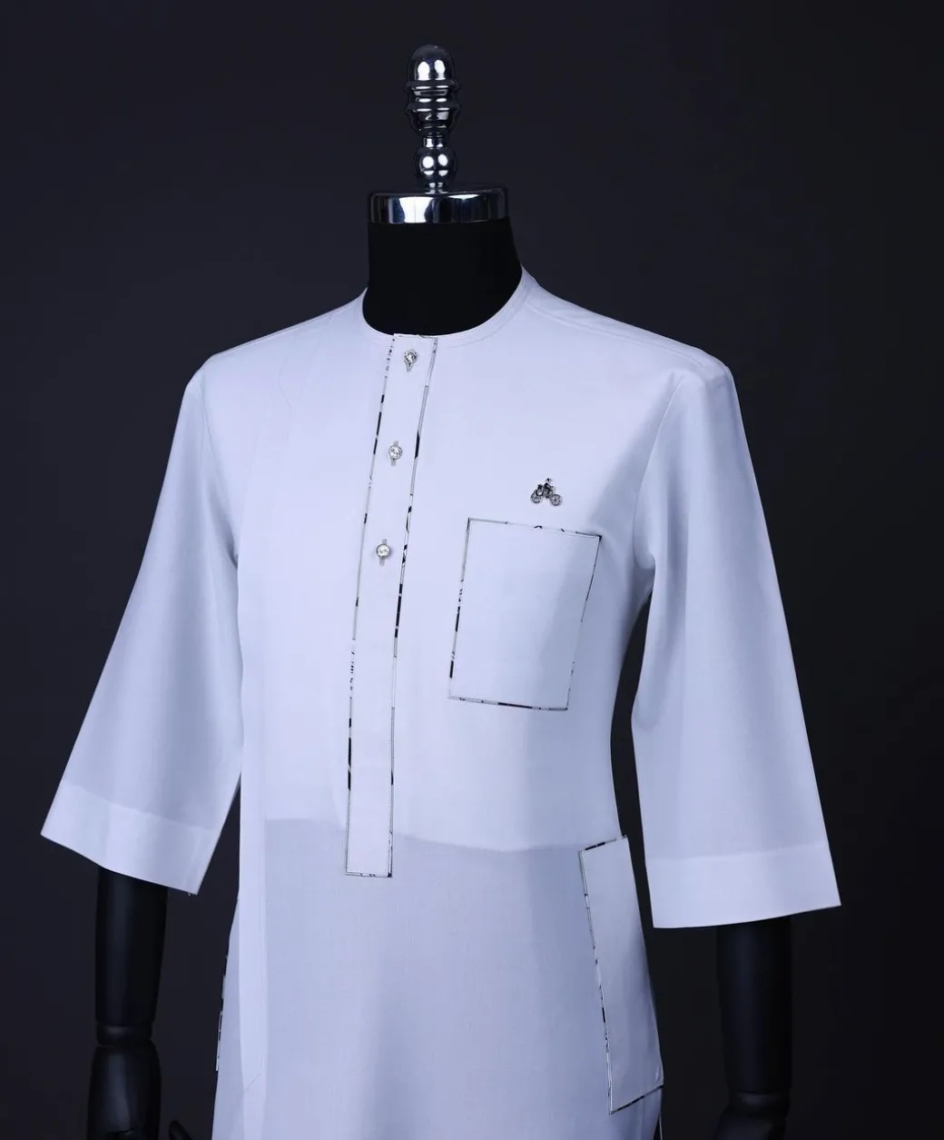 A White, paisley details, front flap with Swarovski buttons, patch pocket, 3/4 sleeve African senator kaftan native.